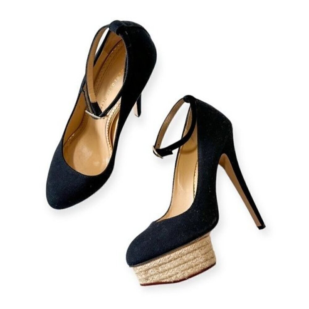Charlotte Olympia Black Dolores Pumps in Woven Canvas, size 39.5EU